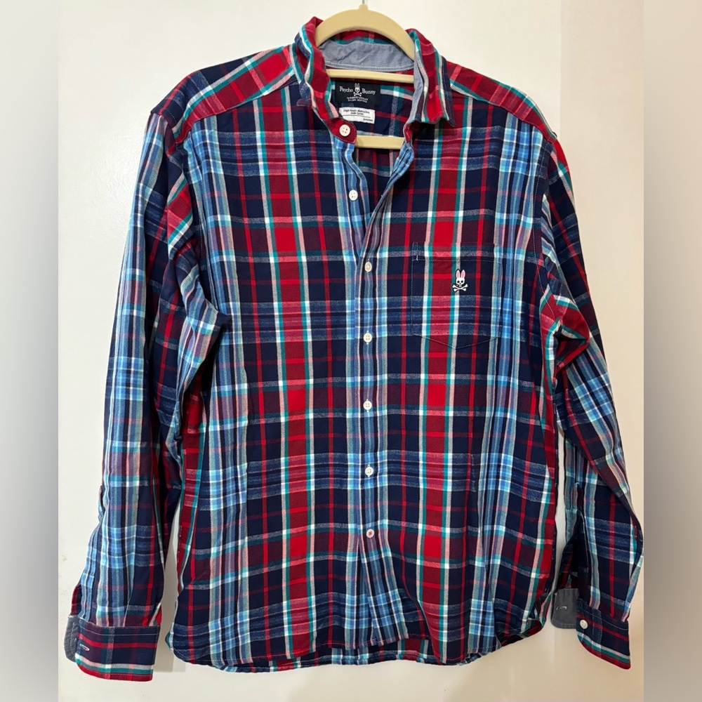 Psycho Bunny Men 100% Pima Cotton Plaid Long Sleeve Button Down Shirt Size Large